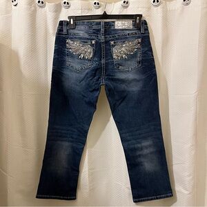 Miss Me Mid Rise Easy Crop Jeans Bling Pockets Visible Stitching Western Blue 30